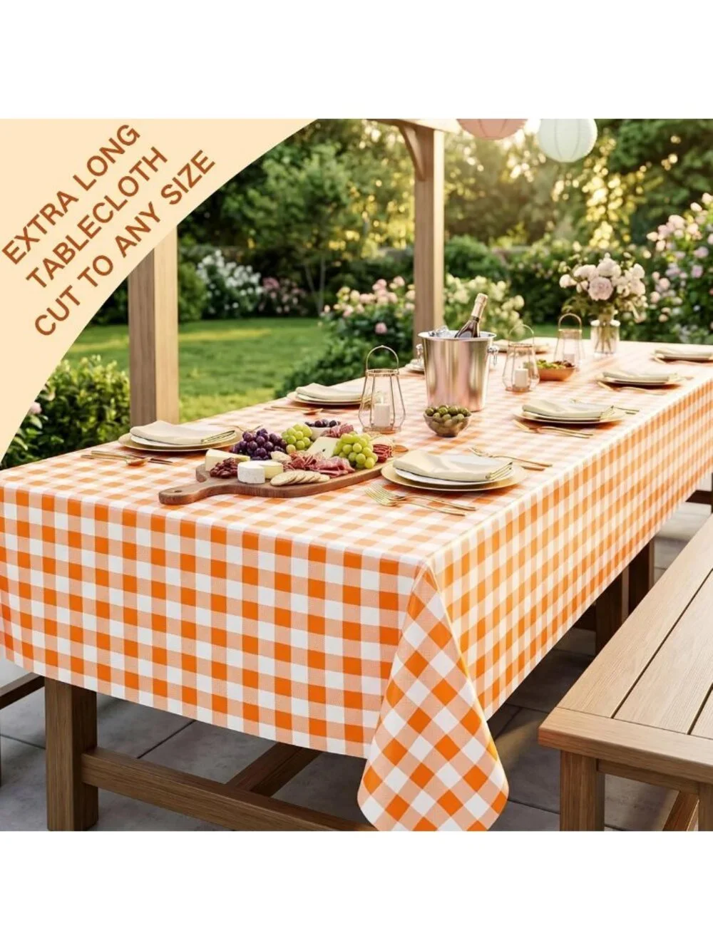 300FT x 54IN Orange & White Checkered Tablecloth Roll with Cutter - Perfect for